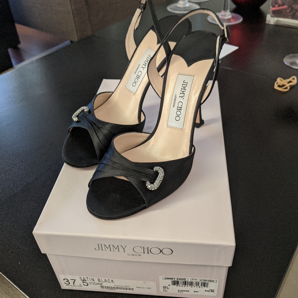 Jimmy Choo Black Satin Heels 37.5 IN BOX